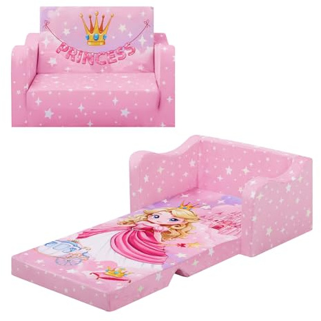 alldomess Convertible Canapé pour Enfants, Pliant Sofa Bed 2 en 1 pour Filles et Garçons, Petit Canapé Lit Stable pour Chambre Coin Lecture Salon,Rose Princesse