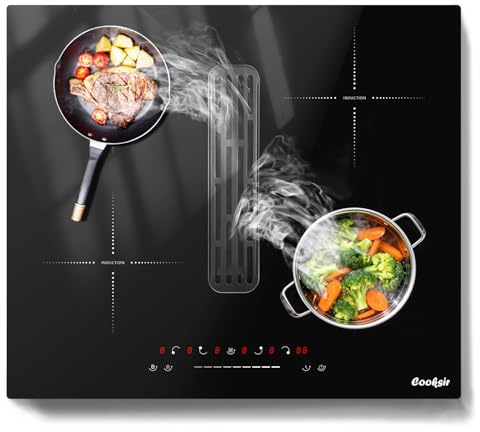 Cooksir Plaque à Induction 4 Feux avec Hotte Aspirante, Table de Cuisson Encastrable 60CM avec Booster, Minuterie, Pause, Plaque Induction 6400W, Hotte Aspirante 135W, 220V, sans Prise