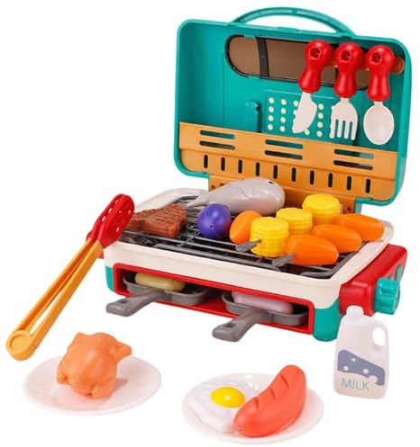 Kids BBQ Grill Playset, 29 PCS Kitchen Toy Set with Pretend Smoke Sound Light and Color-Changing Food, Play Kitchen Accessories, Kids Play Food Grill for Toddlers Boys Girls