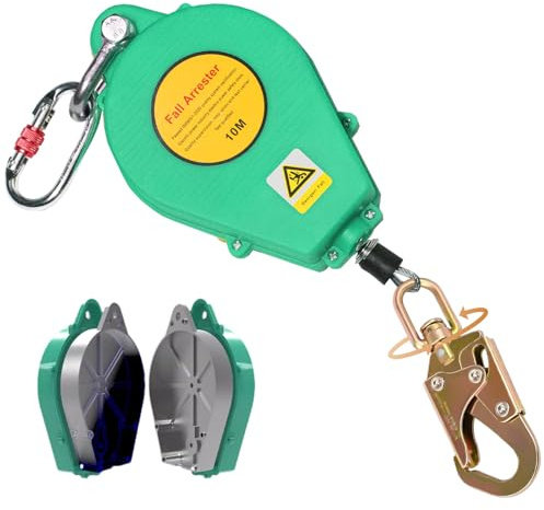 Aocay Dispositif Antichute a Rappel Automatique 10m, Harnais de Securite Anti Chute Toiture, 150kg Stop Chute Toiture à Rappel Automatique avec Crochet Rotation Amélioré(Vert,10 Mètres)