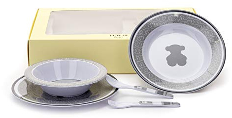 Tous - Pack de Vajilla de melamina con plato hondo, plato llano, bol, tenedor y cuchara en color gris