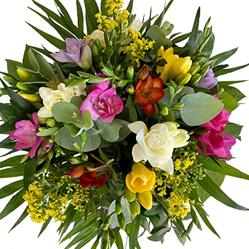 Blumenstrauß mit 10 bunten Freesien, Solidago und Eukalyptuszweigen - Inklusive gratis Grußkarte # Frisch und schön bunt