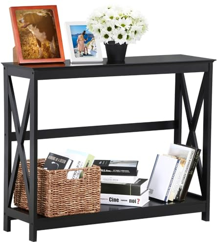 Yaheetech Tavolo Console da Ingresso Tavolino Consolle da Divano a 2 Ripiani Struttura a Forma X Mobile Compatto Salvaspazio per Corridoio Soggiorno 2 Livelli 102 x 30 x 81 cm Nero
