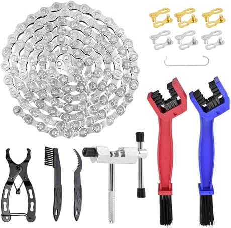 Fahrradkette 6/7/8 Fach Fahrrad Kette 1/2 x 3/32 Inch 116 Glieder Fahrradkette Werkzeug mit Kettenbrecher und Kettenprüfer, 6 Paar Kettenschloss, für Rennrad Mountainbike Citybike Sportbike