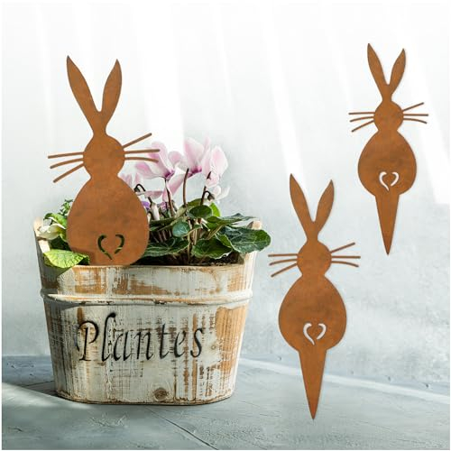 Festicy Gartendeko für draußen wetterfest Set I 3 Metall Osterhasen als Rostige Gartendeko Optik I Garten Deko I Gartenstecker Frühlingshafte Außendekoration