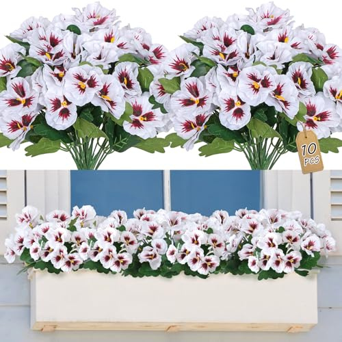 SOMYTING 10 piezas de pensamientos artificiales para exteriores, flores artificiales de seda, resistentes a los rayos UV, plantas de plástico para porche delantero, jardín, ventana, caja colgante para