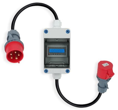 Mobile Digital Electricity Meter, MID 2024 Digital Three-Phase Meter with CEE Plug and Coupling, IP55 CEE Adapter Electricity Meter for Camping E-Car (16A)