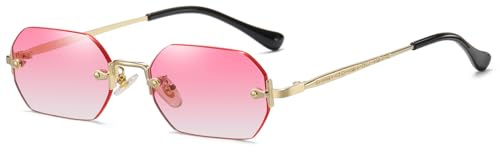JCTAIFOO Occhiali da sole rettangolari retrò senza montatura per uomo e donna, stile vintage, sottili, rettangolari, lenti colorate, Gradiente di Colore Oro/Rosa, Medium
