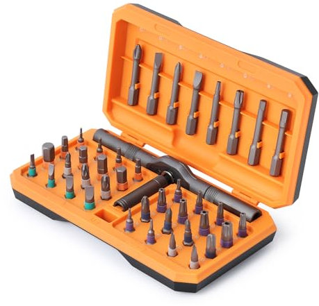42 IN 1 Magnetischer Schraubendreher Set mit eingebaute hochpräzise Ratschenmechanismus verringert die Ermüdung der Hand, Abnehmbare Bohrerdesign, Ideal für enge Arbeitsbereiche, 40 Bits, Orange