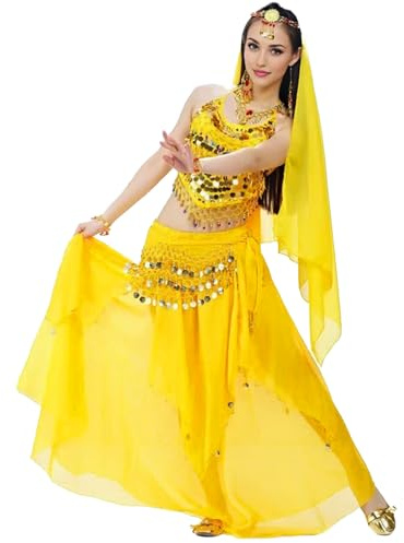 Baisdan Costume da ballo orientale da donna, con lustrini, gonna in chiffon, sciarpa, costume da ballo indiano, giallo, Taglia unica