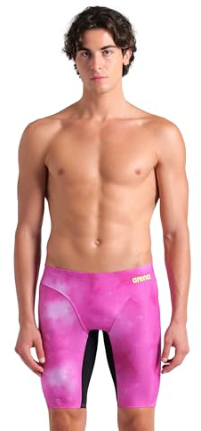 Arena Performance Men's Tie-Dye Swim Jammer Knee-Length Swimsuit Training Bathing Suit Bañador para Hombre, Shocking Pink Multi/Negro, 28