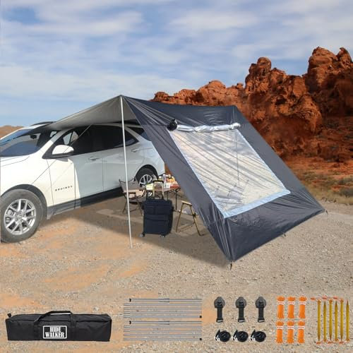 2.9x4.8 Campervan Awning Van Caravan Door Canopy Waterproof and Sunscreen Tailgate Sun Shelter Outdoor Camping Tarp with Pole (Black, 2.9 x 4.8 cm)
