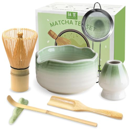 JBER Matcha Set, 7PCS Matcha Whisk Set with Bamboo Whisk and Ceramic Bowl | Complete Matcha Kit Includes Bowl, Handmade Whisk 100 Prongs, Holder, Spoon and Sifter for Matcha Beginners, Gradient Green