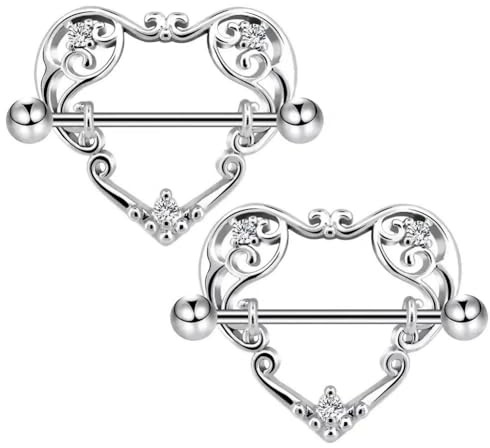 Zynova 14G Heart Nipple Rings for Women 316L Surgical Steel Cubic Zirconia Love Heart Nipplerings Nipple Shield Barbell Nipple Piercing Jewelry (Silver)