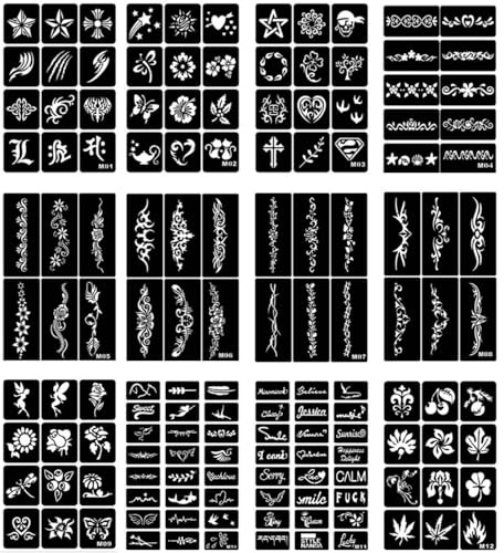 Sdhgerh 142 stycken henna tatuering stenciler set, 12 ark tillfälliga kroppskonststenciler för ansiktsmålning, henna målning mallar för kvinnor, flickor och tonåringar