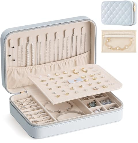 Lolalet Travel Jewelry Case with Clear Bag for Women Girls -Large/Blue