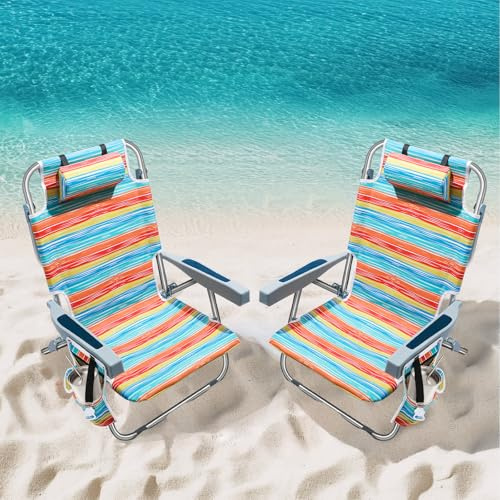 PASAMIC Backpack Beach Chairs for Adults 2 Pack Portable, Lay Flat Reclining Beach Chairs with 5 Positions, Tall Heavy Duty Folding Chair with Cup Holder, Cooler Pouch, Towel Bar, Multicolor Stripe