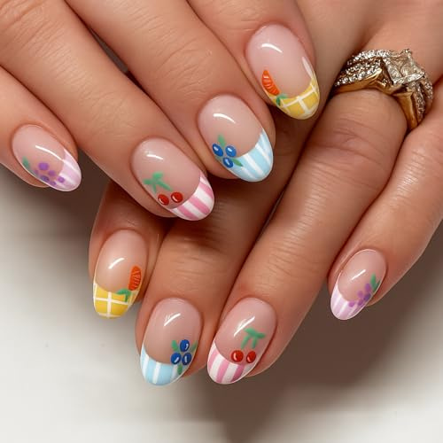 Sweet Summer Fruit Short Press On Nails Almond Shape with Pastel French Tips & Gingham Design - 24pcs Extra Short Artificial False Nails Kit DIY Manicure Stick On Tabs Included for Women