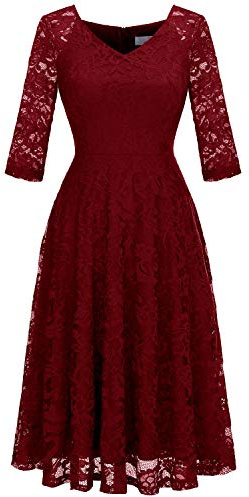 Dressystar Womens Long-Sleeve Wedding Guest Dress A-Line Lace Formal Party Cocktail Midi Dress Prom Gown Dark Red XL