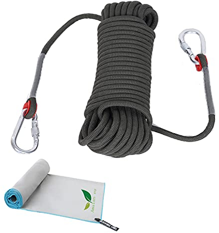 Outdoor-Kletterseil+schnell trocknendes Handtuch,Nylon Seil Klettern Sicherheitsseil Durchmesser 10.5mm,Lagergewicht 1200kg,Rettungsseil Feuerrettungs-Fallschirm-Seil mit 2 Karabinern(20M ArmyGreen)