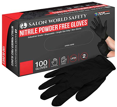 Salon World Safety Black Nitrile Disposable Gloves, Box of 100, Size Small, 5.0 Mil - Latex Free, Textured, Food Safe
