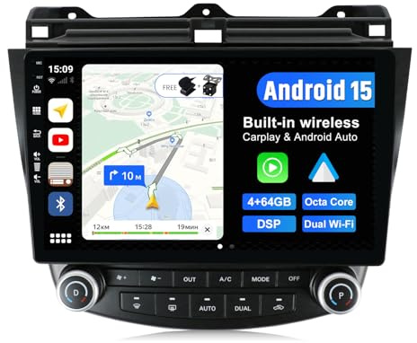 JOYX Android 15 Autoradio para Honda Accord 7th (2002-2007) - [4G+64G] - Built-in DSP/Carplay/Android Auto - Gratis Cámara Mic - 10.1 Pulgada 2 DIN - Apoyo Dab 4G WLAN BT Volante 360-Cámara Fast-Boot