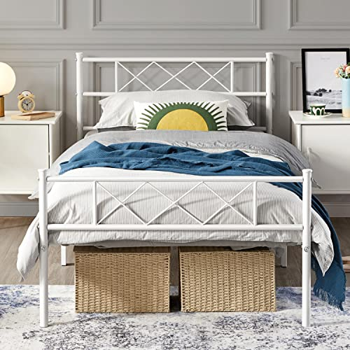 Yaheetech Marco de Cama Individual Cama de Metal para Adultos Gran Espacio en Lamas Moderno blanco/90x200cm