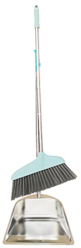 Juego de recogedor y escoba – 33.5 pulgadas de largo mango para interiores y exteriores, sartenes de acero inoxidable, recogedor de pie resistente para el hogar, habitación, vestíbulo, oficina