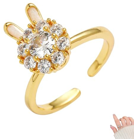 SwirlColor Anti-stressring dam, guld kanin kvinna ångest ring för att lindra ångest för kvinnor och flickor kan justeras öppen ring roterande pärlringar smycken present, Koppar och kubisk zirkonia,