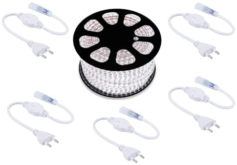 AntDau71 - Bobina de tira LED luminosa de 100 metros, luz blanca fría, 5050, 220 V, flexible, de interior y exterior + 5 enchufes Cw578