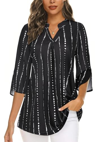 Flikity Womens Tops 3/4 Sleeve Tops for Women UK Office Professional V Neck Ladies Blouses Business Casual Formal Dress Shirts Work Attire Clothes Loose Tunics Top Black Stripe X-Large