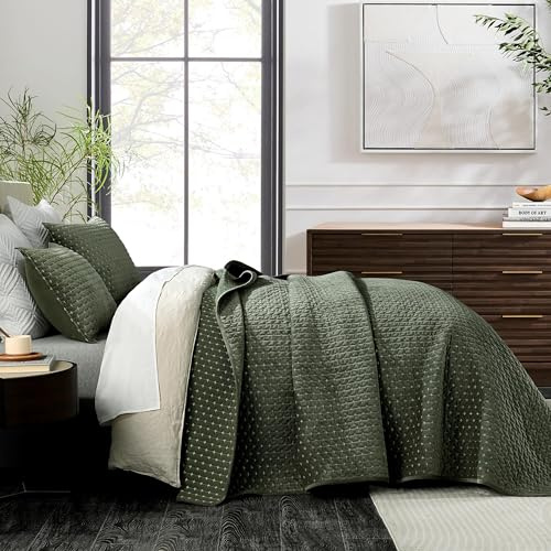 Grassix Velvet Quilt Set Queen Size, 3 Pieces Cross Stitch Bedspread Coverlet with 2 Shams for All Season, Lightweight Comforter Bedding Set, Army Green, 90x96