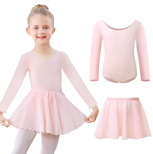 Kefiyis Ballet Leotard for Girls Long Sleeve Ballet Dress Cotton Dance Leotard with Skirt Ballerina Costume Outfit for 3-11 Years Pink 140