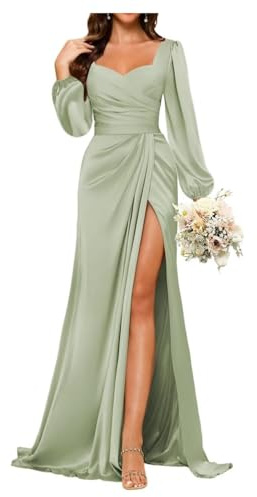 YIANN Robes de demoiselle d'honneur à manches longues en satin pour femmes avec fente, corset plissé, robe de bal, robe de soirée formelle, vert sauge, 52 Grande taille