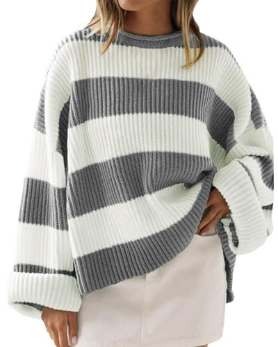 Maglione da donna a righe, maglione invernale da donna, caldo, felpa larga, a maniche lunghe, morbido, leggero, maglione a maglia grossa, elegante maglione da lavoro casual, grigio., S