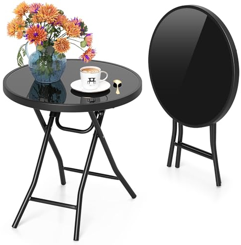 GIANTEX Runt hopfällbart trädgårdsbord, bistrobord med lock av härdat glas och metallram, diameter 46 cm, sidobord för balkong, terrass (svart)
