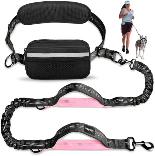 Uppetly Hands Free Dog Running Leash with Waist Belt, Dual Handle Elastic Bungees Retractable Rope for Small and Medium Dogs, Reflective Stitches for Walking Hiking Biking (Medium Pink, 8-25lb)