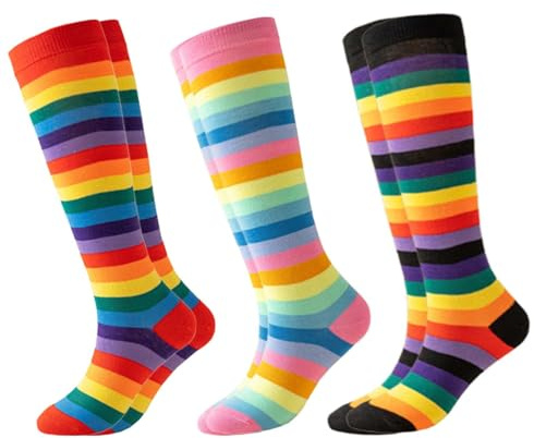 3 Pairs Rainbow Socks Set, Long Socks Women, Knee High Socks for Women, Striped Sockset for Ladies Girls Comfortable breathable Providing Warmth, Suitable for Fashion Shows Cosplay Daily Wear