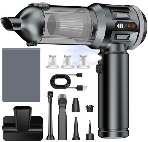 Aspirapolvere a mano, 26000 Pa 4 in 1, mini aspirapolvere senza fili, con display digitale, 1 pulsante, 6000 mAh, regolazione a 3 marce, per auto, tavolo da ufficio, peli di animali, divano (grigio
