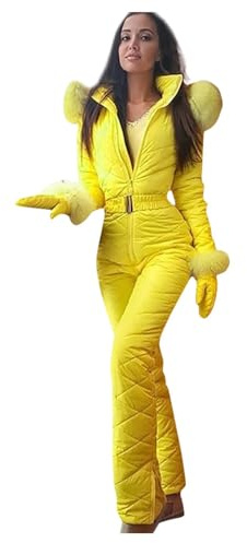 Tuta intera da sci da donna, tinta unita, con cappuccio in pelliccia sintetica, aderente, con cerniera, per sport all'aria aperta, impermeabile, antivento, alla moda, tuta termica, Giallo, XL