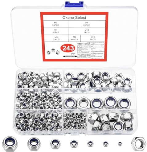 243 Stück Selbstsichernde Muttern Set, Edelstahl Sechskantmuttern, Nylon-Sicherungsmuttern Sortiment, Stopmuttern, Schraubenmuttern für Schrauben & Gewindeeinsätze M3 M4 M5 M6 M8 M10 M12 Muttern Set
