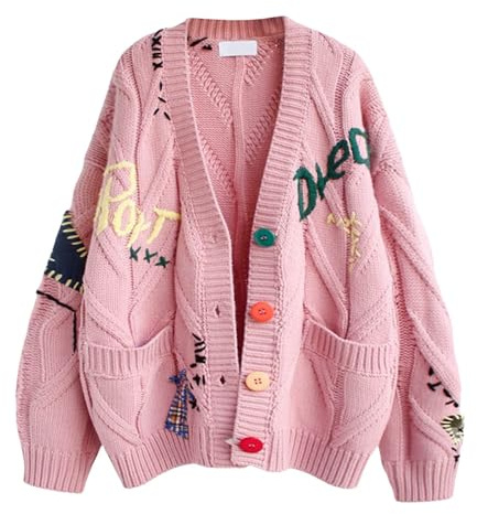 Cardigans for Women UK, Loose Fit V Neck Button Down Chunky Cable Knit Sweater Cardigan with Pockets, Colourful Embroidery Ladies Knitwear for Autumn Winter Everyday
