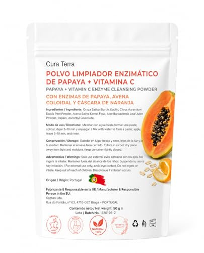 Papaya och C-vitamin enzymer, enzymatisk ansiktsrengöring | 50 g | Med kolloidal havre, kaolin och apelsinskal. Mjuk peeling för lysande hud. 100 % naturlig och vegan.