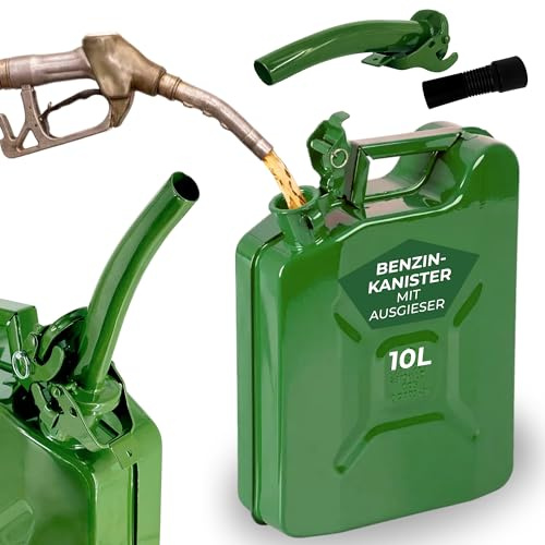 STREND PRO Benzinkanister 10l Metall inkl. Ausgießer | Kanister 10 Liter für Benzin & Diesel | Kraftstoffkanister Set Grün mit UN-Zulassung | Dichter Dieselkanister für Reserve mit Einfüllstutzen