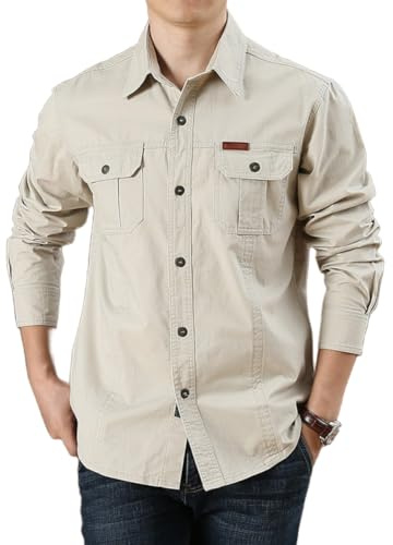 Camisas de Trabajo de Algodón para Hombre, Camisa de Militar de Manga Larga con Botones Ropa Cargo, 2 Bolsillos, Regular Fit para Pesca, Tala, Senderismo, Caza，BeigeBlanco，3XL