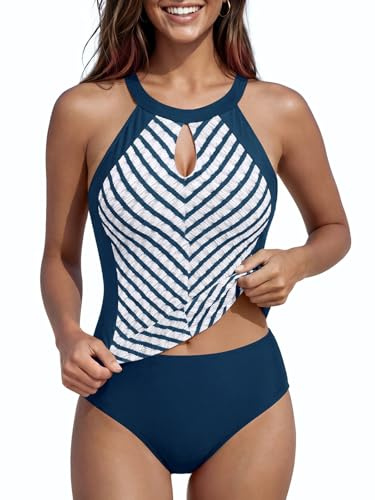 SHEKINI Tankini da donna con colletto alto, top con slip, costume da bagno a righe, costume da bagno estivo in due pezzi