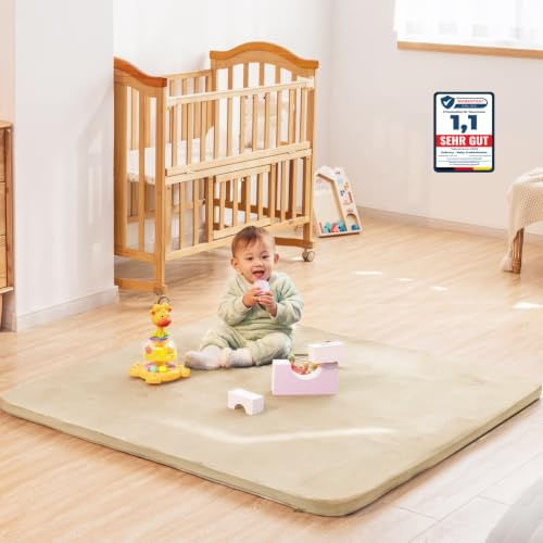 Uniency Krabbelmatte Baby,120x120x3cm Dicke,Schaum Spielmatte Baby, Beige