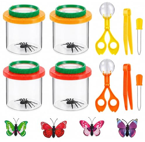 Dexpally Juego de lupa para vasos, 10 unidades, con 4 cajas de lupa, 2 pinzas, 2 goteros de goma y 2 pinzas para atrapar insectos, para exterior, ciencia, naturaleza, exploración