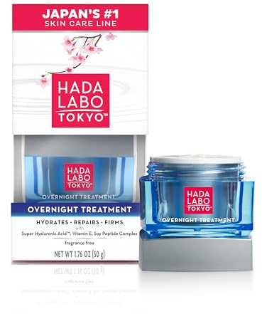 Hada Labo Tokyo Anti-Aging Overnight Treatment, Hyaluronic Acid Night Cream for Intense Hydration, Skin Renewal With Collagen, Japanese Honeysuckle, Soy Peptides, Moisturizing Face Cream, 1.76 oz
