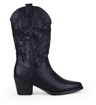 BOSANOVA Bota Estilo Cowboy con Detalle de Costuras Decorativas a Tono en la caña, tacón de 5'5 cm y Cierre con Cremallera Lateral. Calzado para Mujer Negro 39